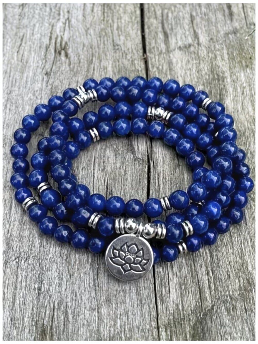NWT Boho Lapis Lazuli Bracelet 108 Beads Long Lotus Charm Handmade